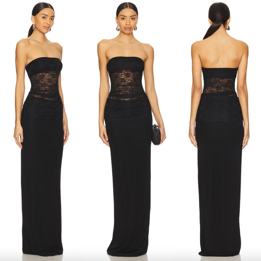 Lovers and Friends | NWT Zahra Gown in Black Lace Jersey Column Maxi Dress XS